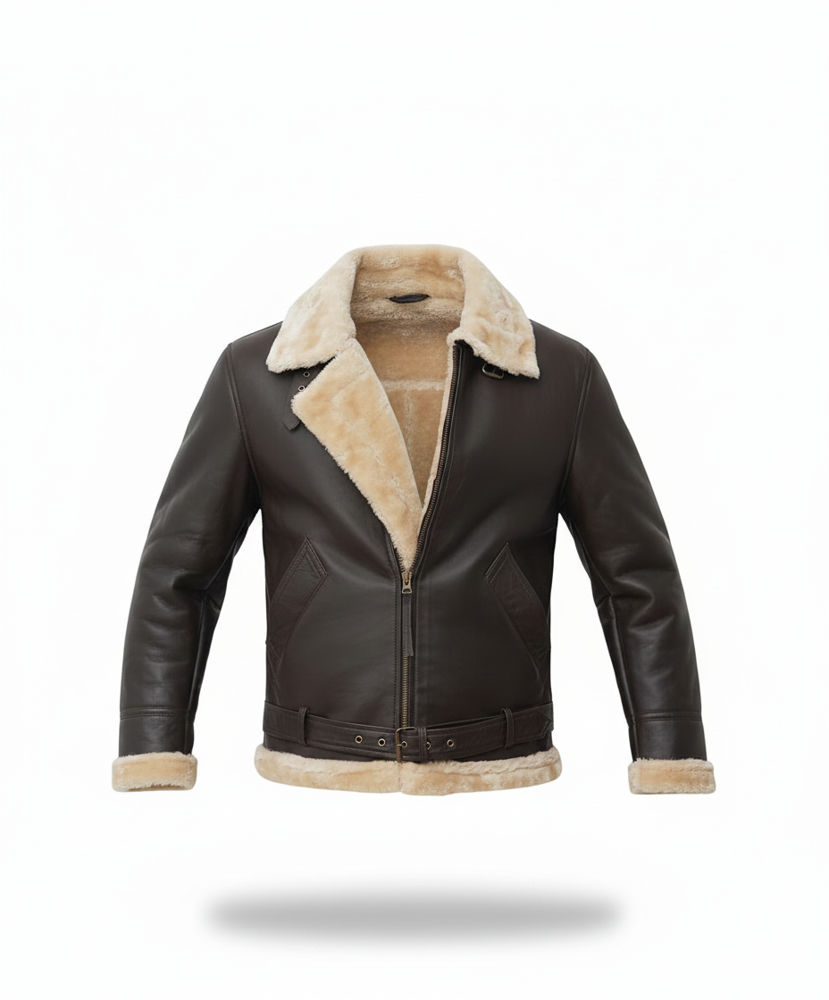 Men’s Black Leather Shearling Jacket - Image 2