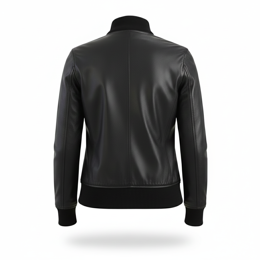 Woman Dark Gray Leather Bomber Jacket with Ribbed Trim - Image 2