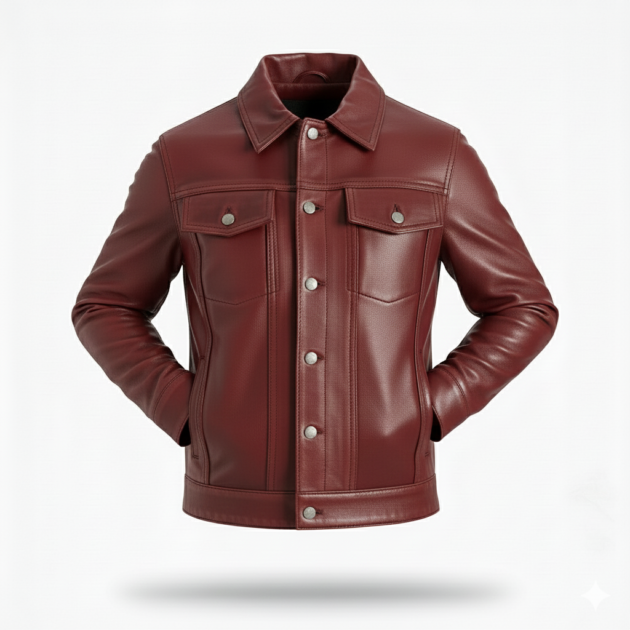 Men’s Four Packets Mahroon Real leather trucker Jacket
