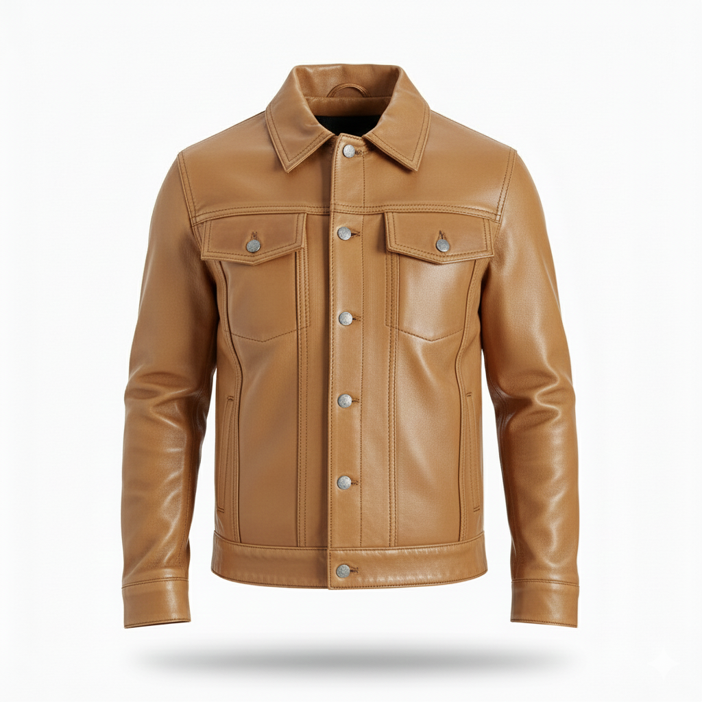 Men’s Four Packets Camel Real leather trucker Jacket - Image 3
