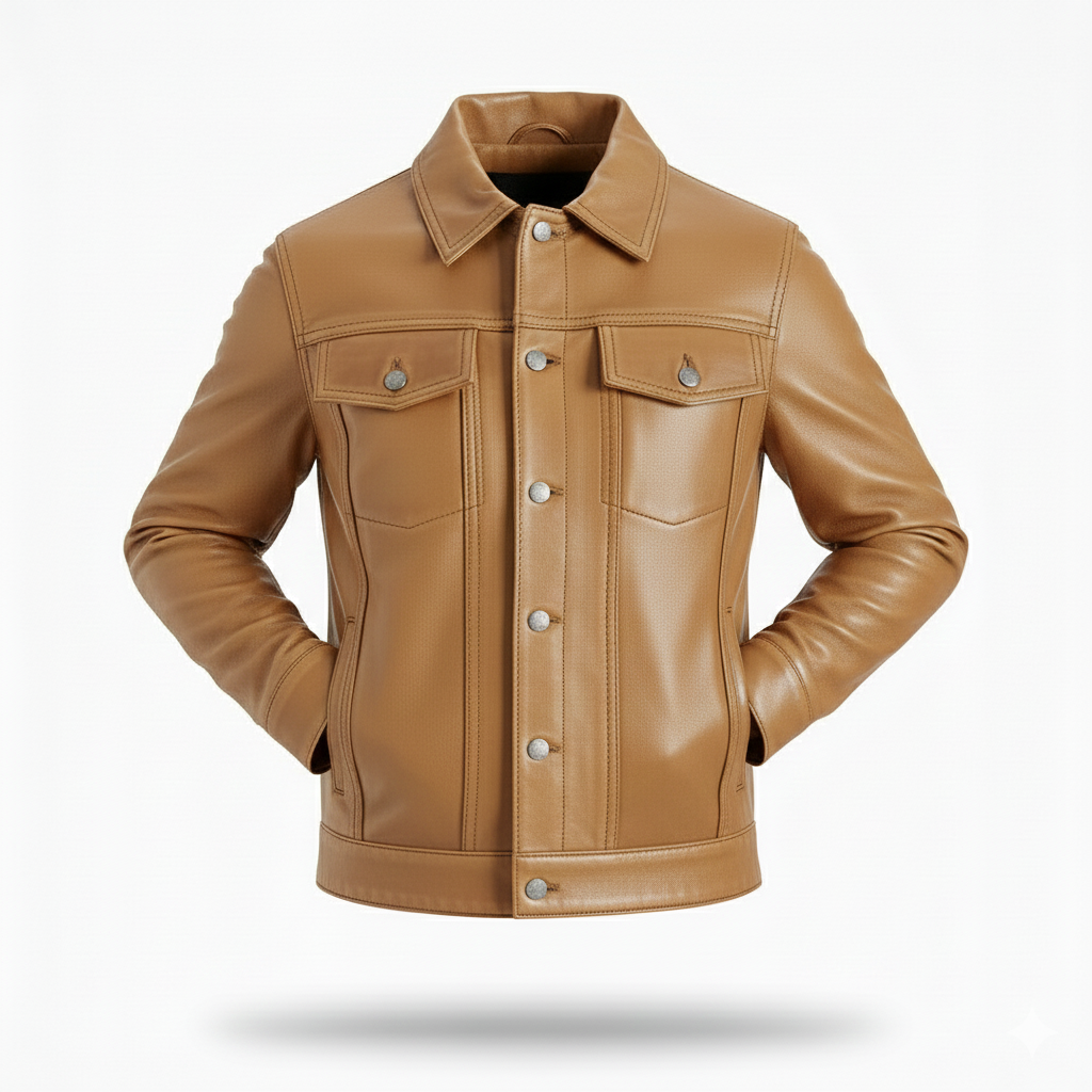Men’s Four Packets Camel Real leather trucker Jacket - Image 2