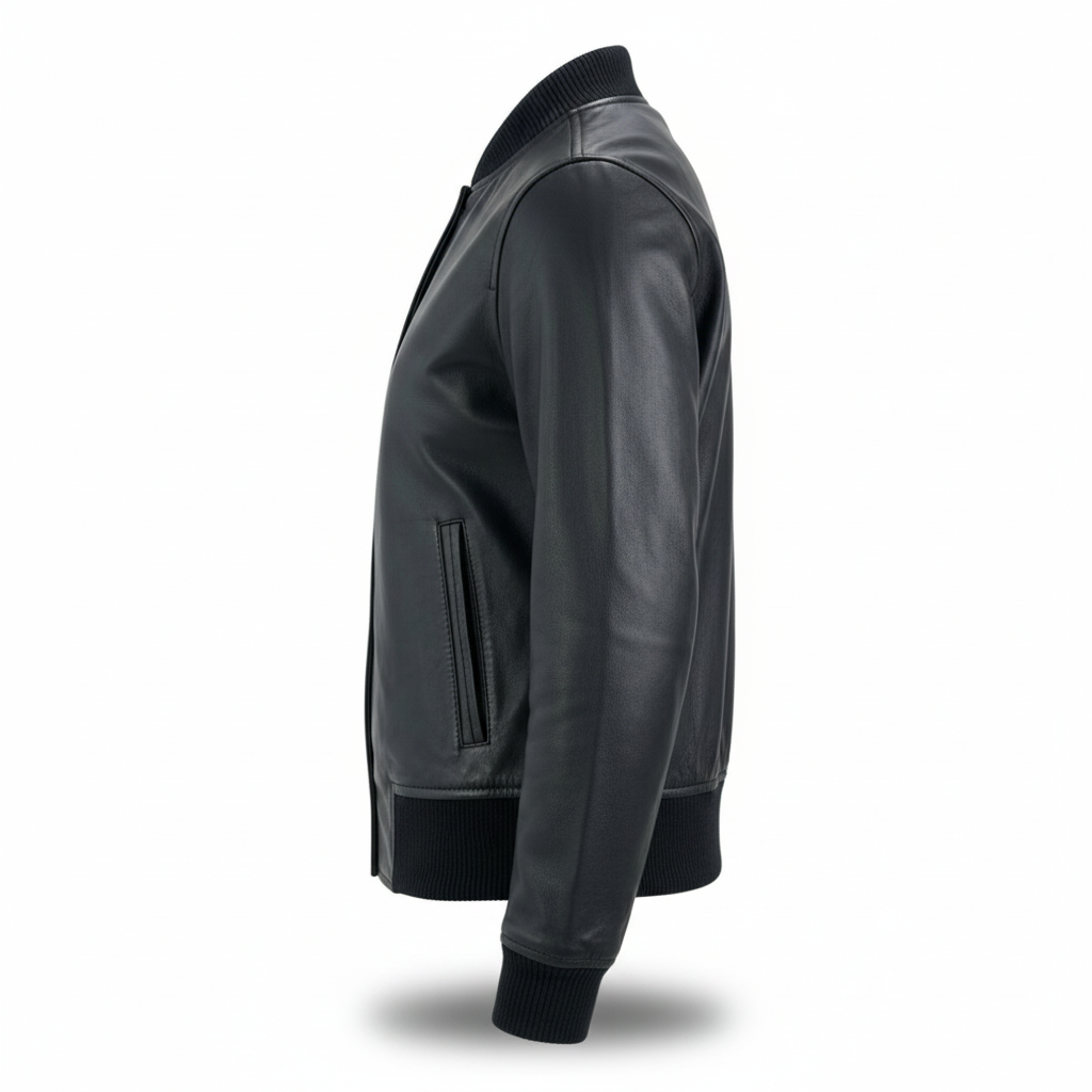 Woman Dark Gray Leather Bomber Jacket with Ribbed Trim - Image 3
