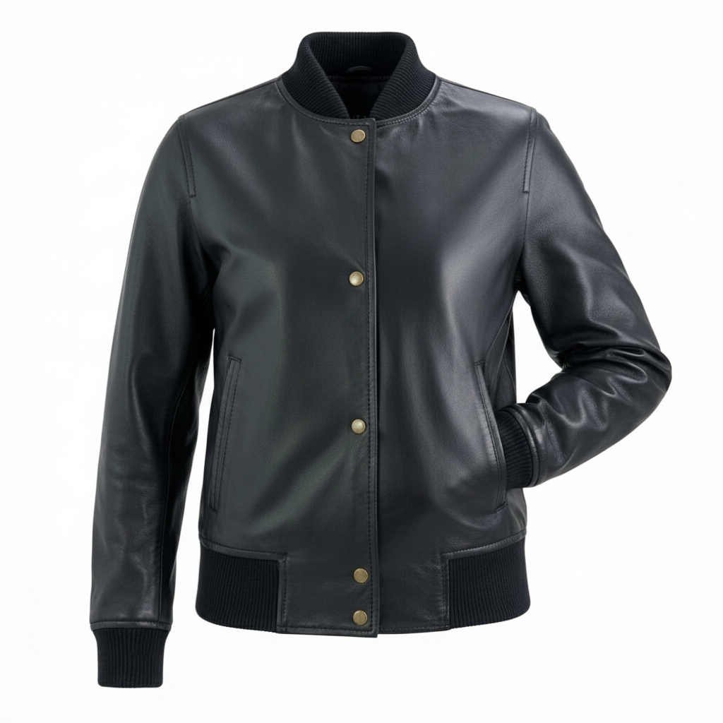 Woman Dark Gray Leather Bomber Jacket with Ribbed Trim - Image 4