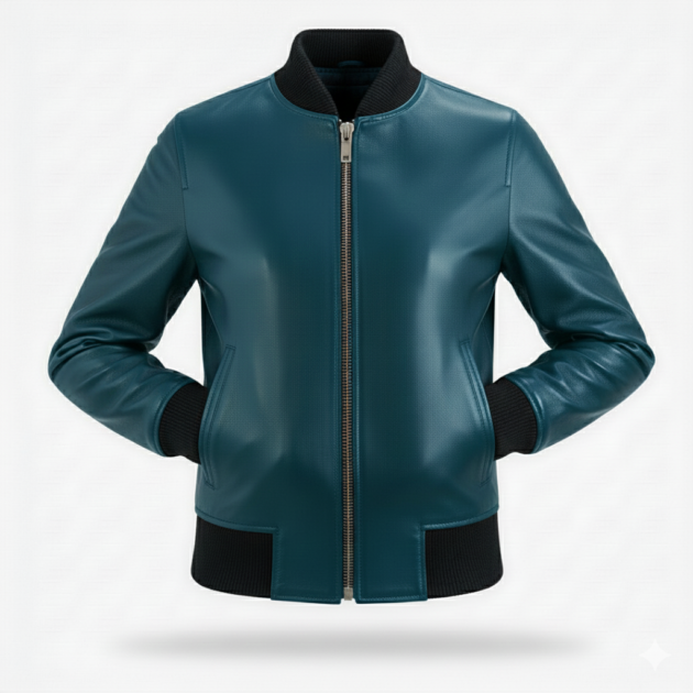 Woman Blue Leather Zipper Bomber Jacket with Ribbed Trim