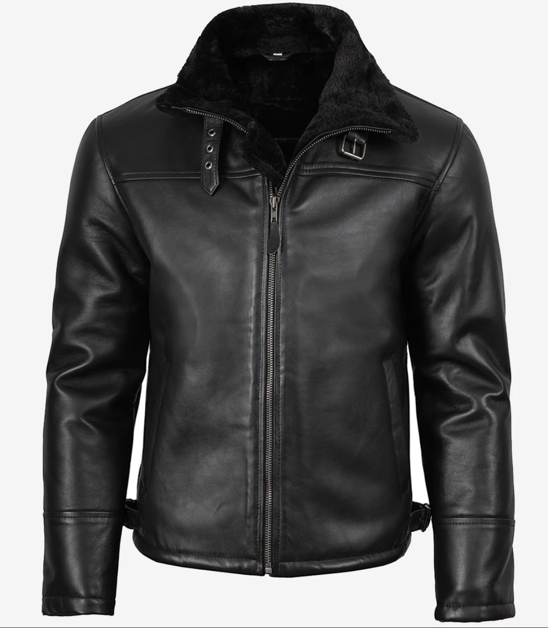 Men’s Black Leather Shearling Jacket - Image 4