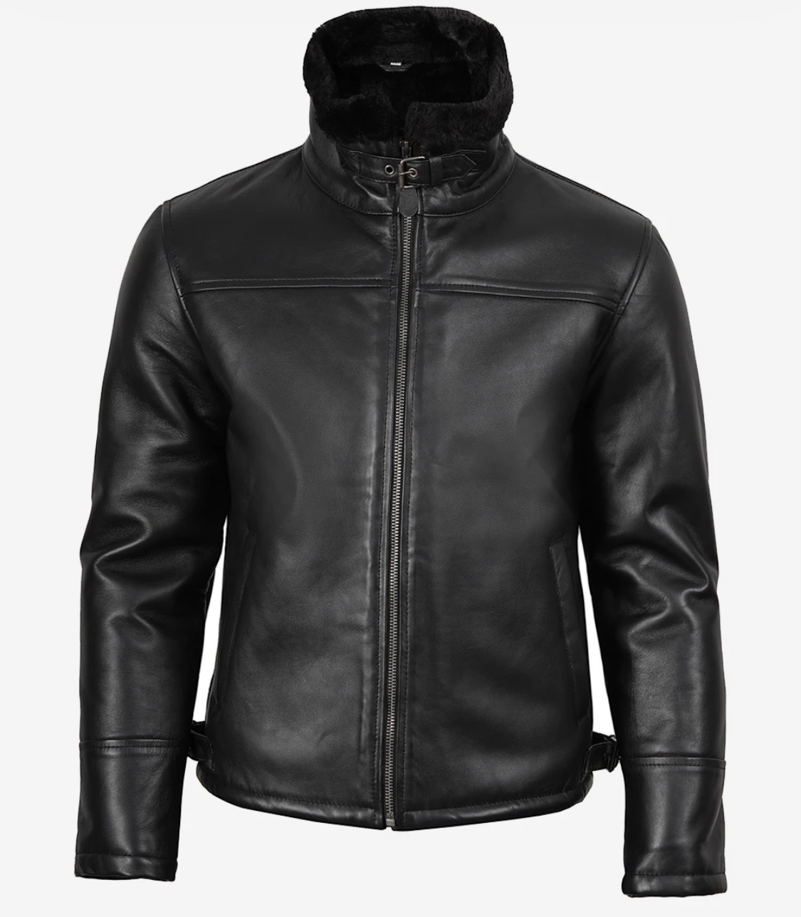 Men’s Black Leather Shearling Jacket - Image 6