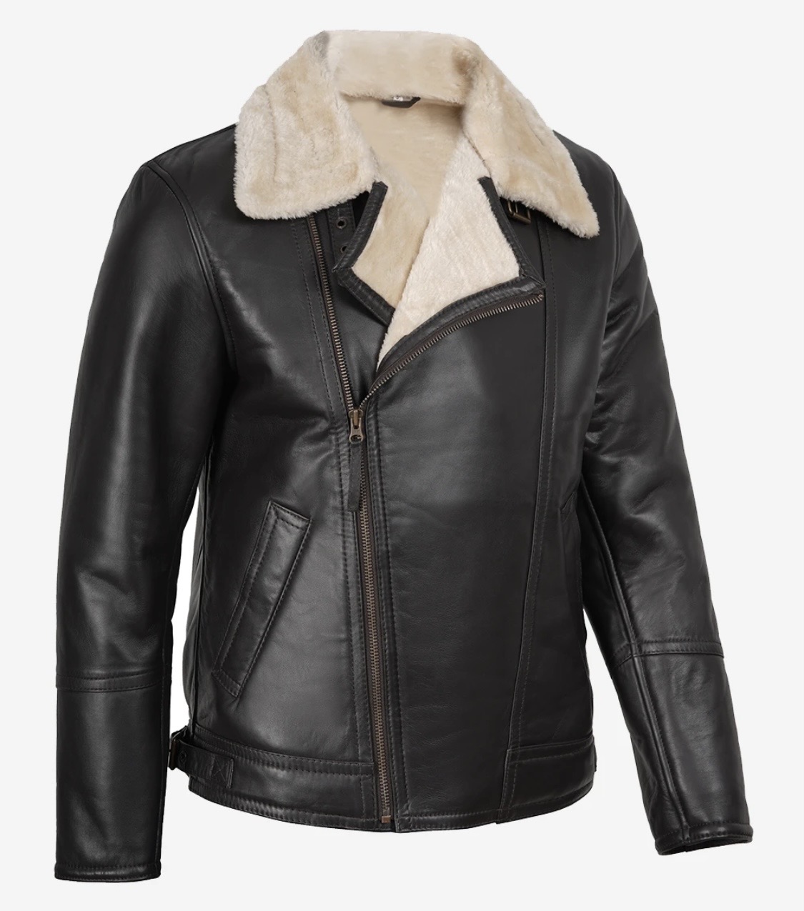 Men’s B3 Bomber Aviator Jacket – Black Real Lambskin Leather with Cream Shearling Fur | Winter Coat - Image 5