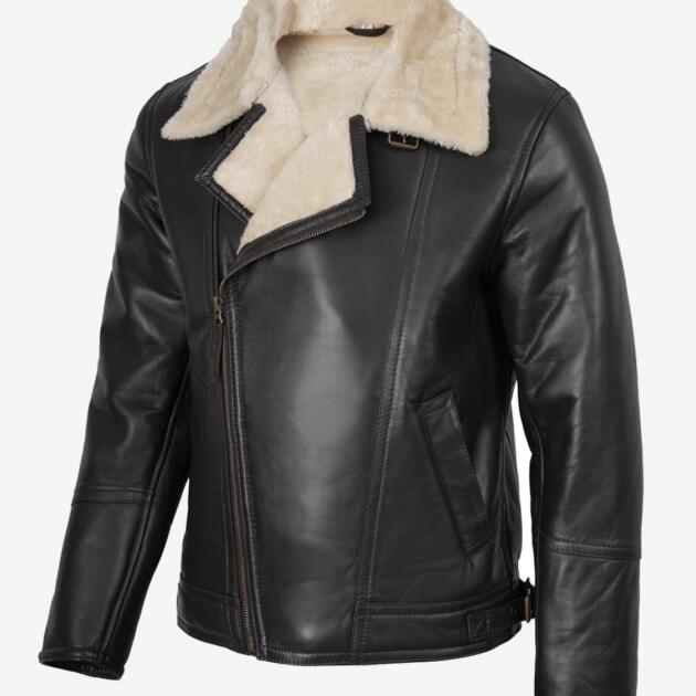Men’s B3 Bomber Aviator Jacket – Black Real Lambskin Leather with Cream Shearling Fur | Winter Coat