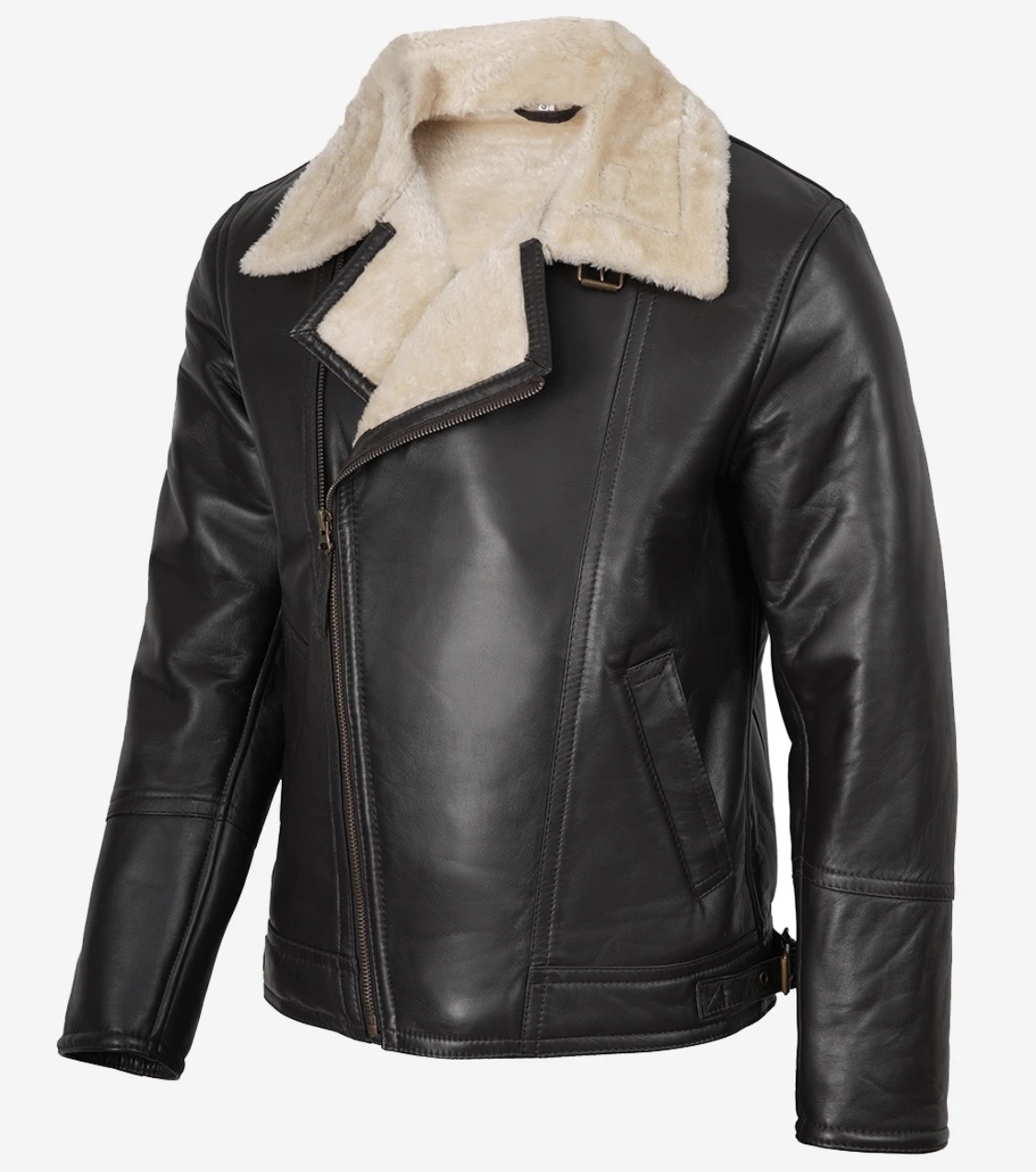 Men’s B3 Bomber Aviator Jacket – Black Real Lambskin Leather with Cream Shearling Fur | Winter Coat