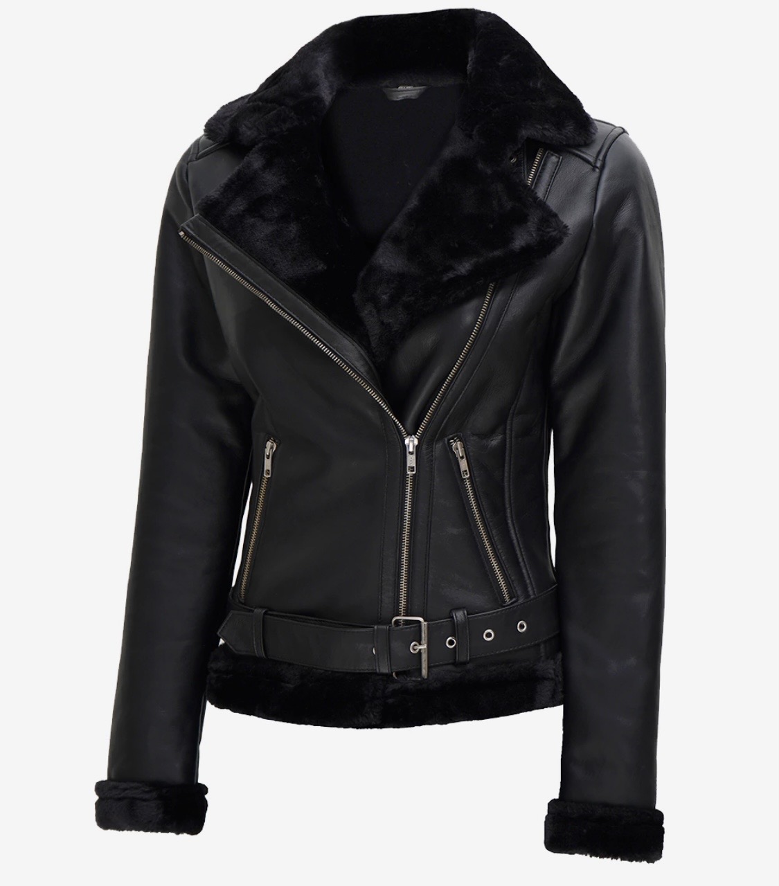 Women’s Black Shearling Aviator Jacket - Image 5
