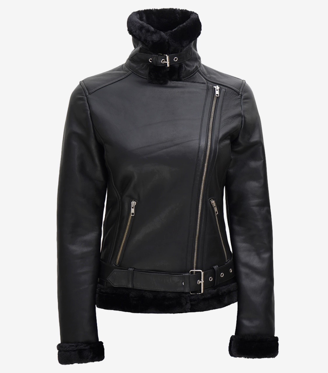 Women’s Black Shearling Aviator Jacket - Image 3
