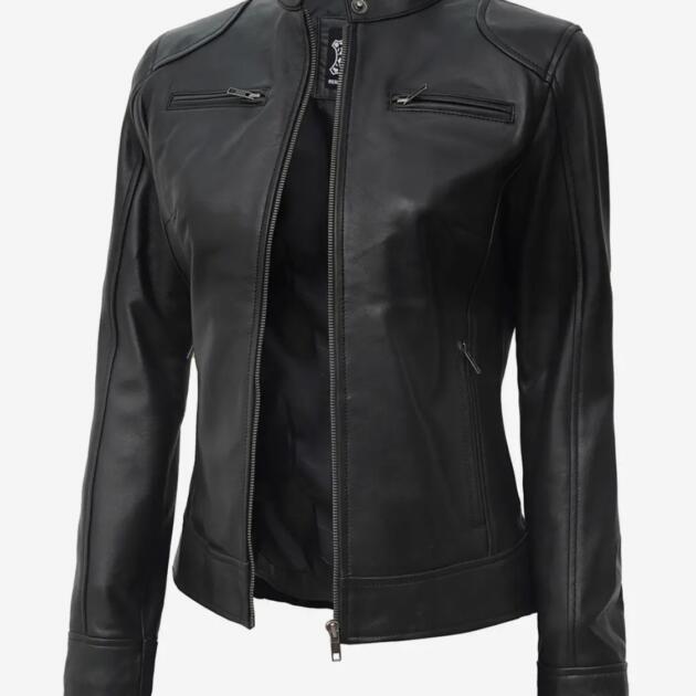 Classic Woman`s Black Leather Biker Jacket