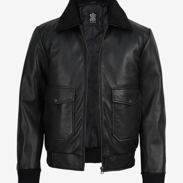 Black Leather Jacket with Textured Collar