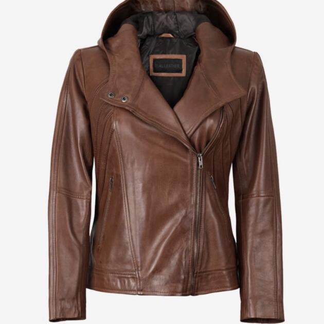 Women’s Brown Hooded Leather Jacket – Stylish Asymmetrical Zip Jacket