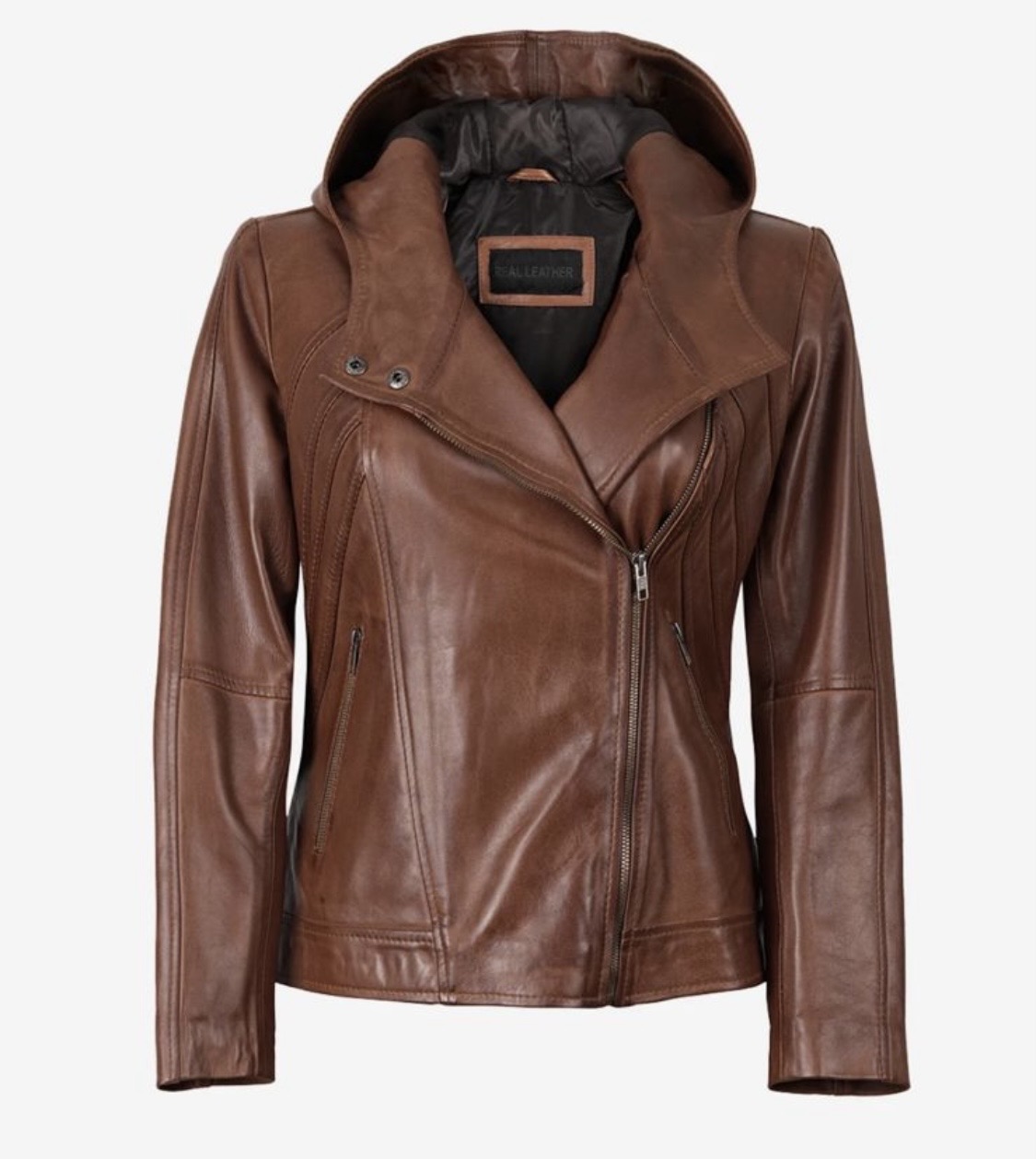 Women’s Brown Hooded Leather Jacket – Stylish Asymmetrical Zip Jacket