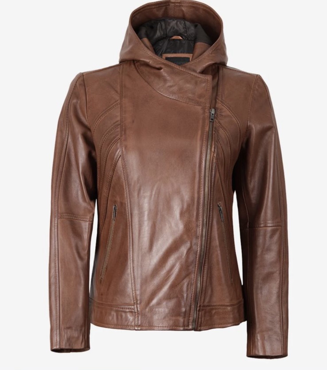 Women’s Brown Hooded Leather Jacket – Stylish Asymmetrical Zip Jacket - Image 2