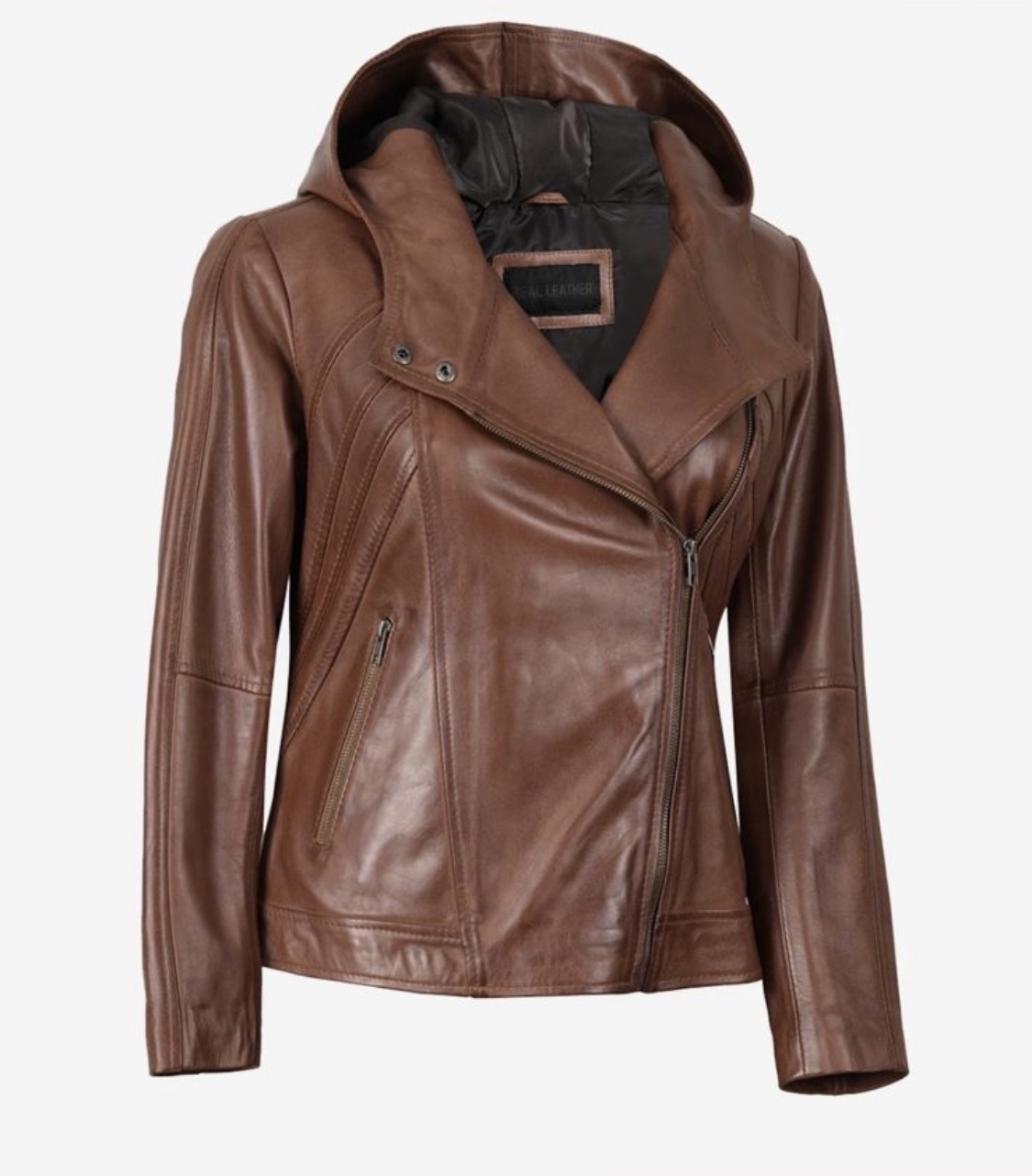 Women’s Brown Hooded Leather Jacket – Stylish Asymmetrical Zip Jacket - Image 3