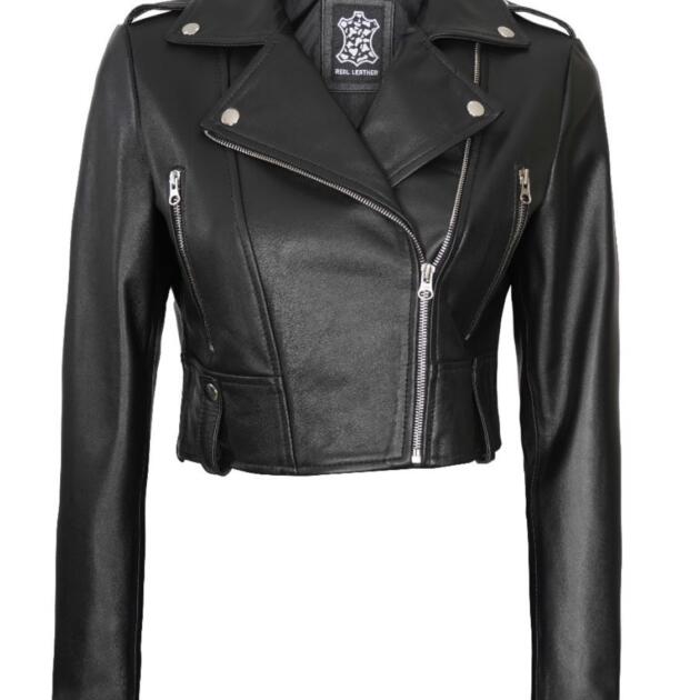 Women’s Black Cropped Leather Jacket – Winter Luxe Style