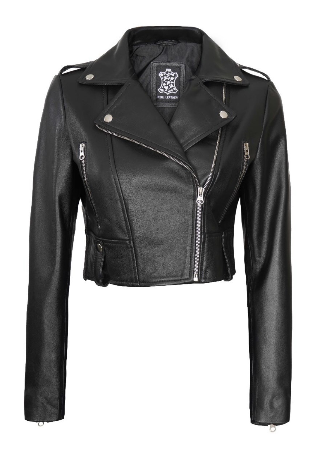 Women’s Black Cropped Leather Jacket – Winter Luxe Style
