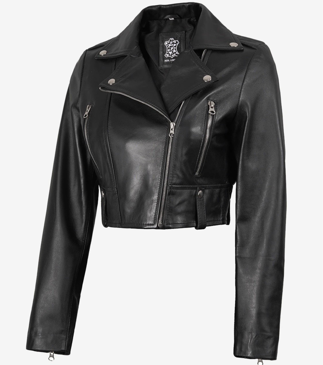 Women’s Black Cropped Leather Jacket – Winter Luxe Style - Image 2
