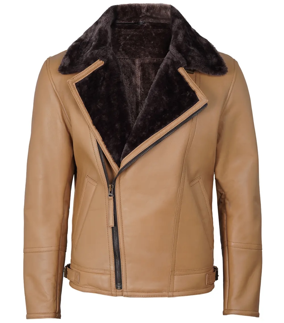 Men’s Camel Leather Shearling Jacket - Image 7