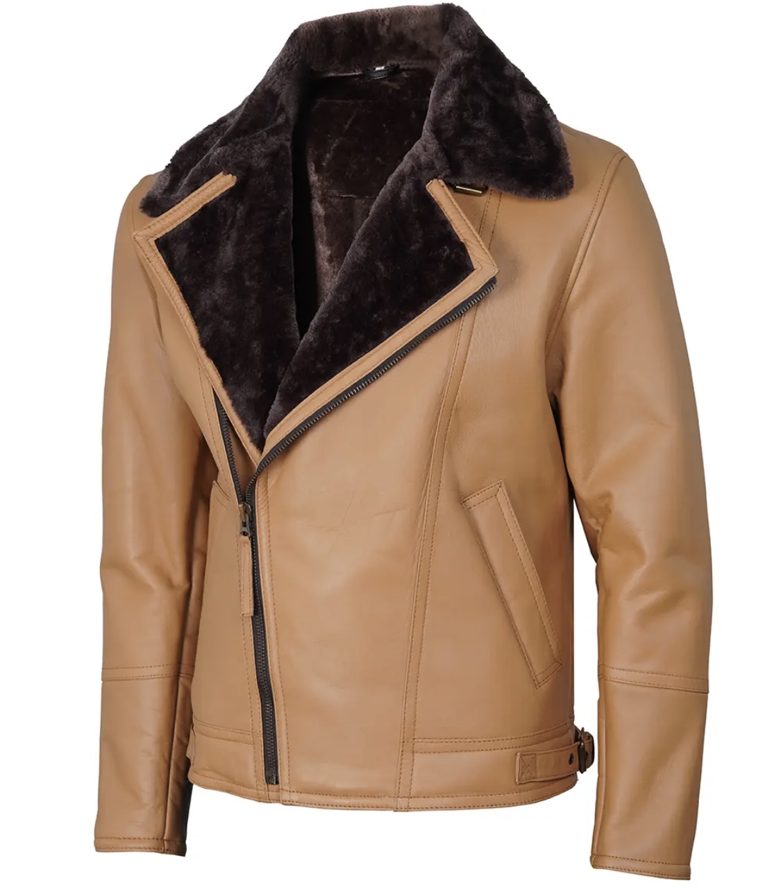 Men’s Camel Leather Shearling Jacket - Image 4