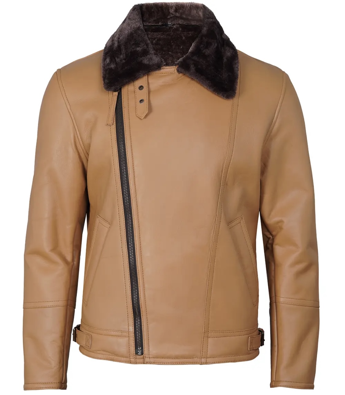 Men’s Camel Leather Shearling Jacket - Image 3
