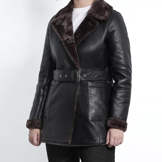 Woman's 3/4 Length Black Real Leather - Shearling Jacket
