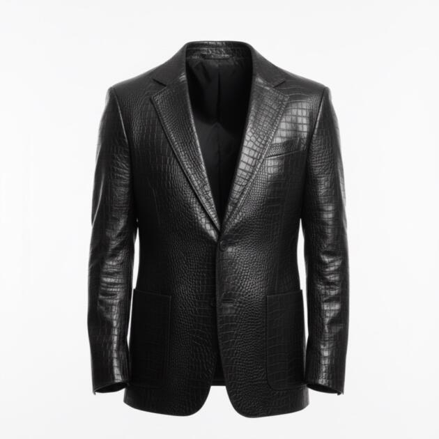 Men’s Crocodile Skin Pattern Genuine Lambskin Leather Casual Dress Suit Black Blazer Coat