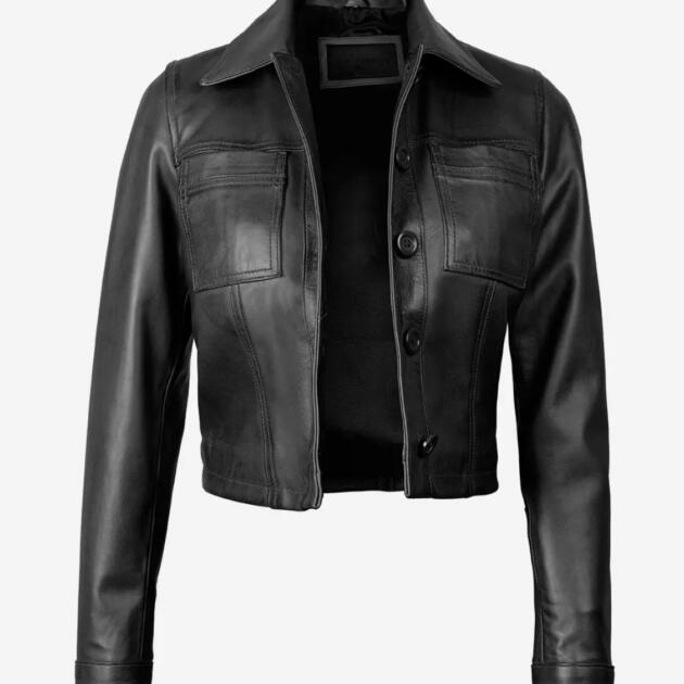 Women’s Black Cropped Leather Jacket – Winter Luxe Style