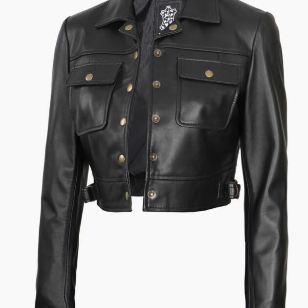 Women’s Black Cropped Leather Jacket – Premium Button-Up Stylish Short Jacket