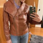 Women’s Cognac Brown Leather Hooded Jacket – Asymmetrical Zip Biker Style