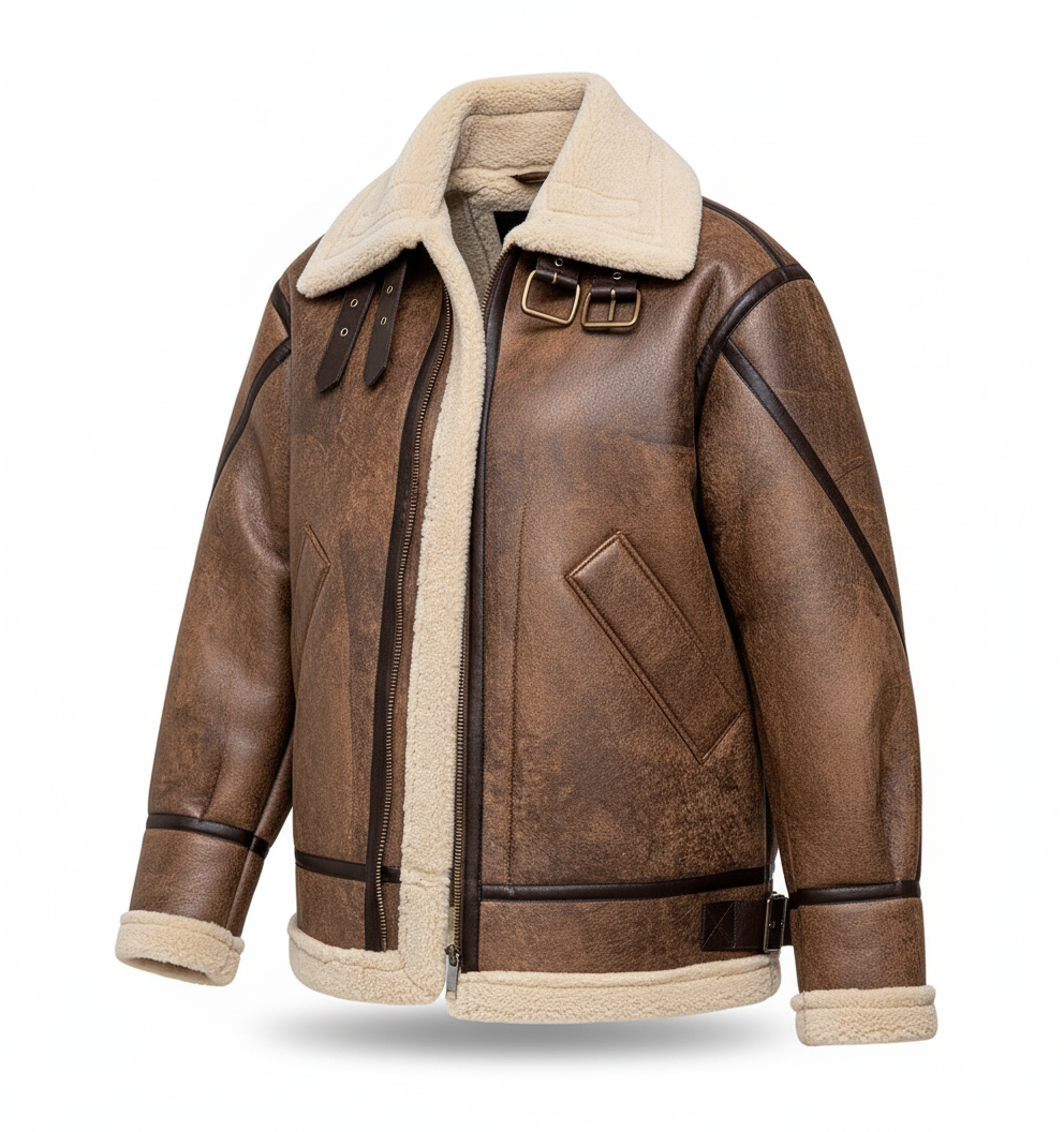 Classic Brown Shearling Aviator Jacket - Image 4
