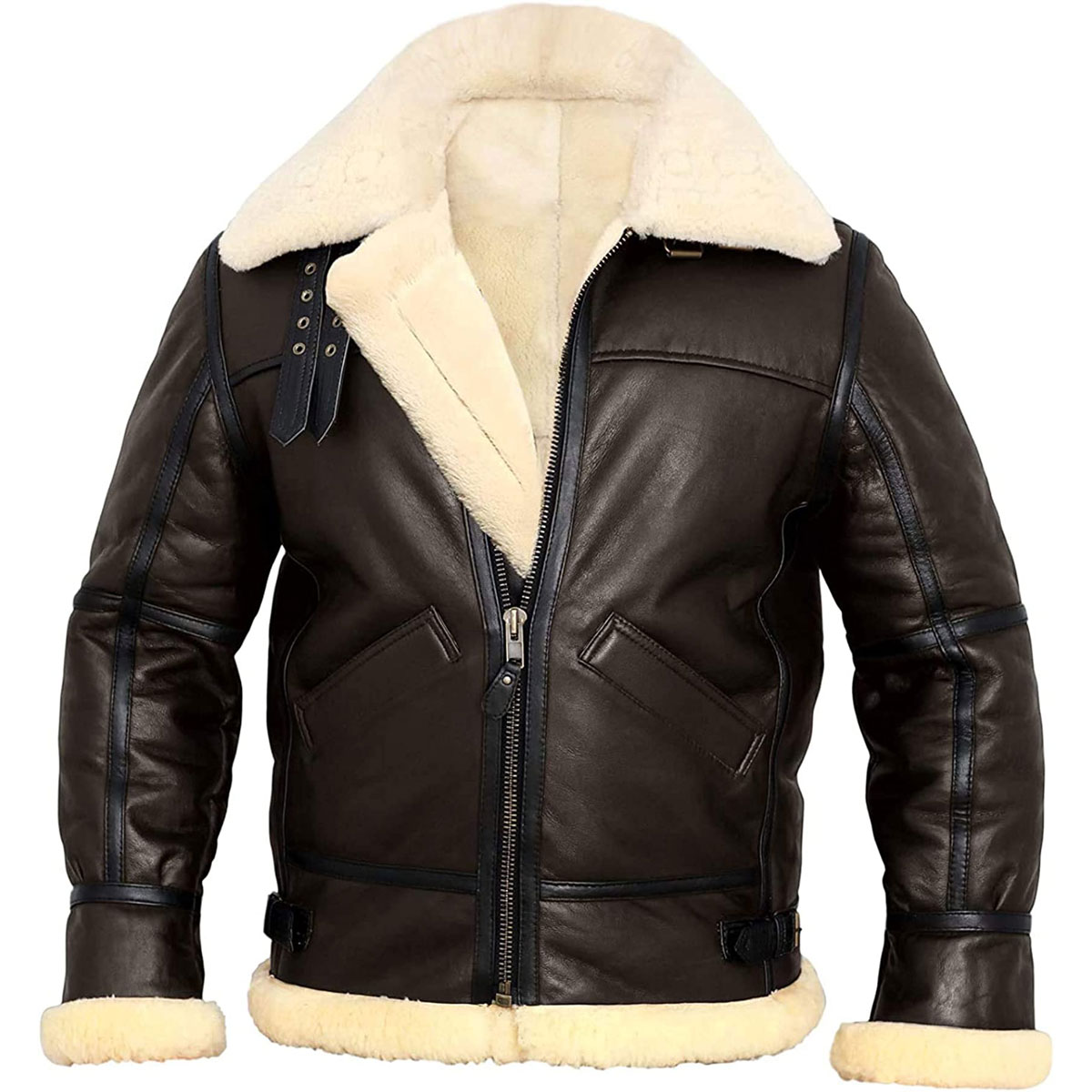 Men’s B3 Bomber Aviator Cream Faux Fur Shearling Real Brown Lambskin Leather Jacket For Winter - Image 2