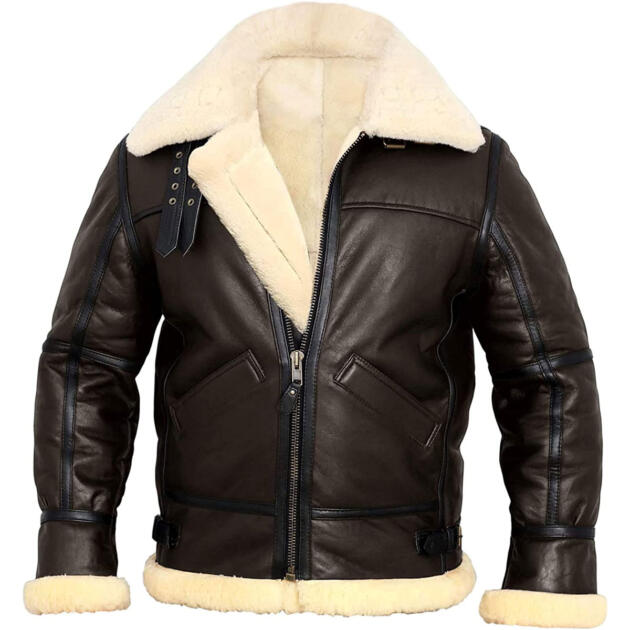 Men’s B3 Bomber Aviator Cream Faux Fur Shearling Real Brown Lambskin Leather Jacket For Winter