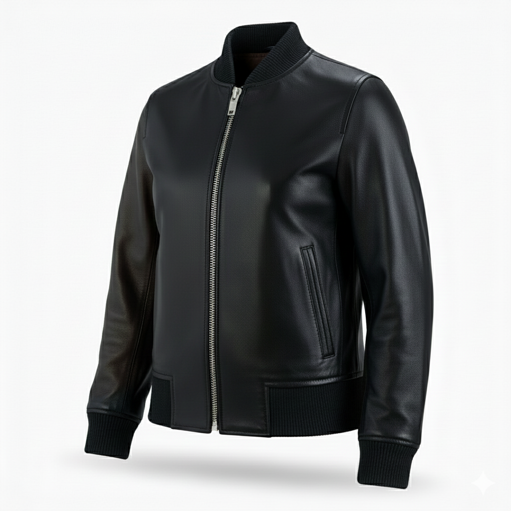 Women Dark black zipper Leather Bomber Jacket with Ribbed Trim - Image 2