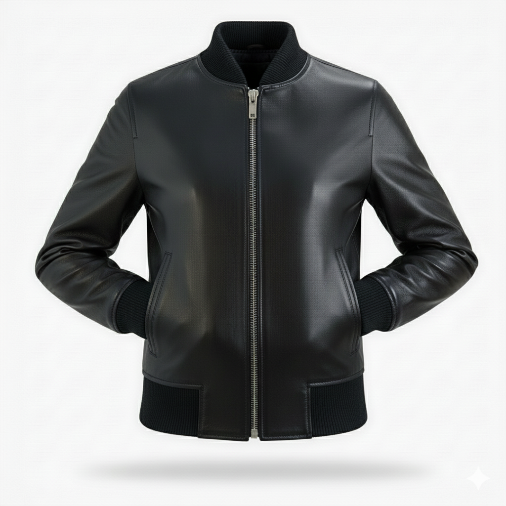 Women Dark black zipper Leather Bomber Jacket with Ribbed Trim - Image 3
