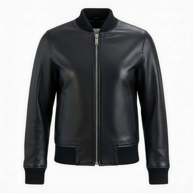 Women Dark black zipper Leather Bomber Jacket with Ribbed Trim