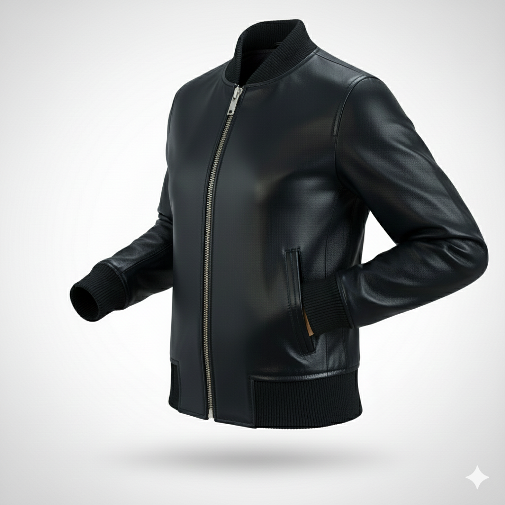 Women Dark black zipper Leather Bomber Jacket with Ribbed Trim - Image 5